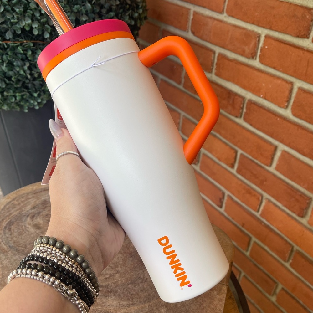 New DUNKIN Limited Edition HOT/COLD White Pink Orange STAINLESS TUMBLER (32 Oz.)